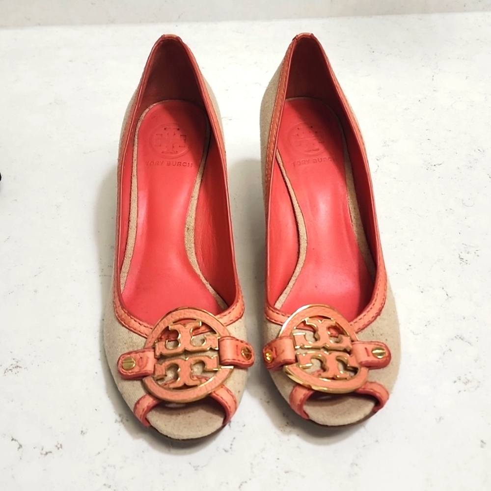 Pink & Gold Canvas ✨️ Tory Burch wedges